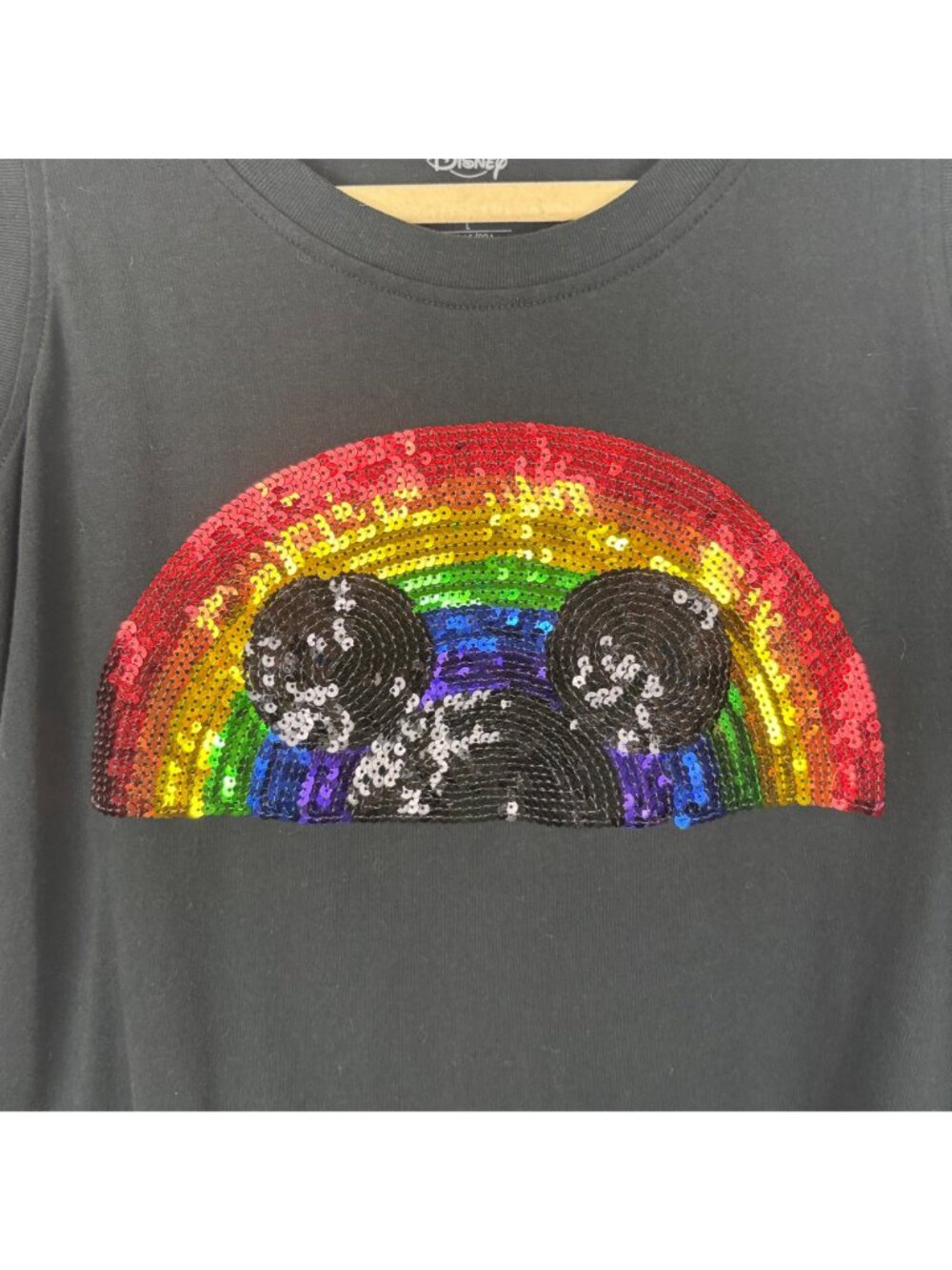 ✨3/$30 Disney S Womens Black Tank Top Sequin Mickey Mouse Rainbow Design Pride - Picture 2 of 5